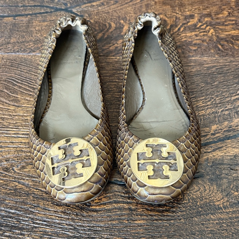 Tory Burch Snakeskin Pattern Reva Flats with Gold Logo